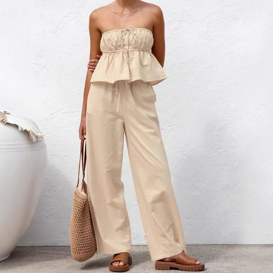 Khaki cotton and linen tube top strap-up loose trousers casual suit 1116 European and American spring and summer fashion new two-piece set