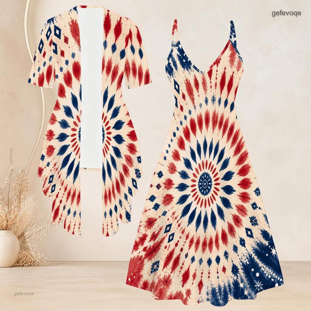 Women Plus Size Printed Two Piece Set Short Sleeve Draped Cardigan V Neck Strappy Flared Dress Navy Blue
