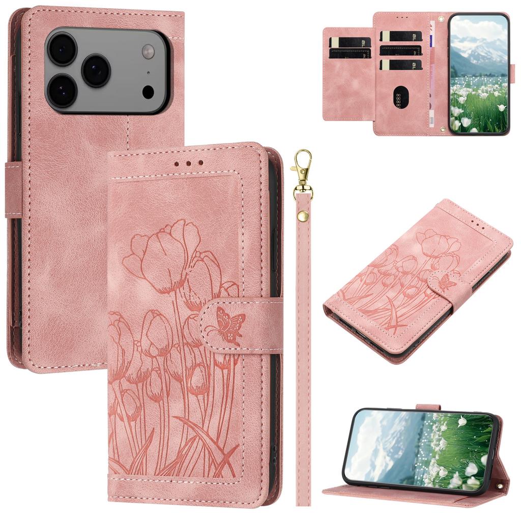 For iPhone 17 Pro Max Case Tulip Leather Phone Cover with 5 Card Slots Wallet