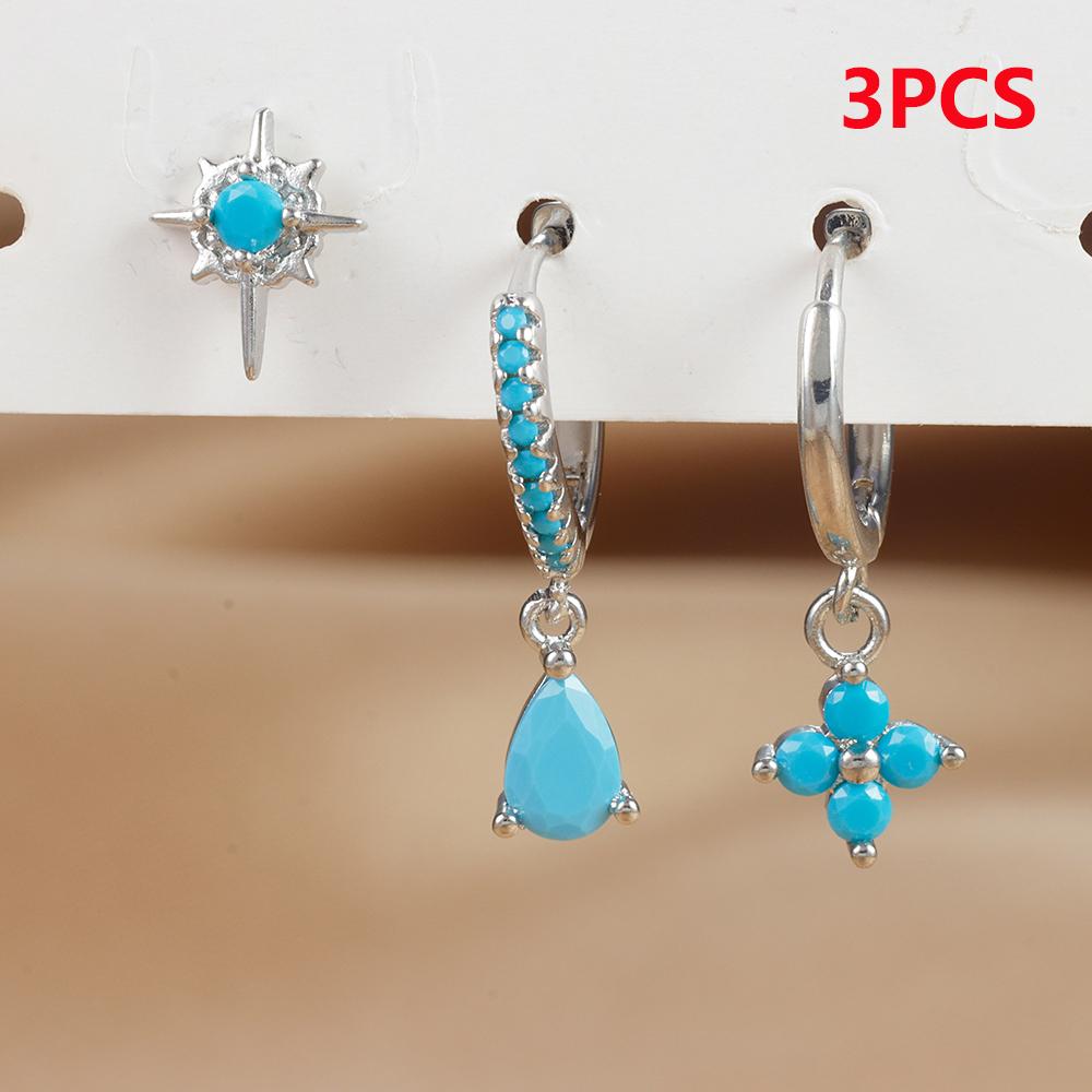 3PCS Stainless Steel Cubic Zirconia Water Drop Hoop Earrings Set For Women Simple Huggies Blue Star Cartilage Piercing Jewelry