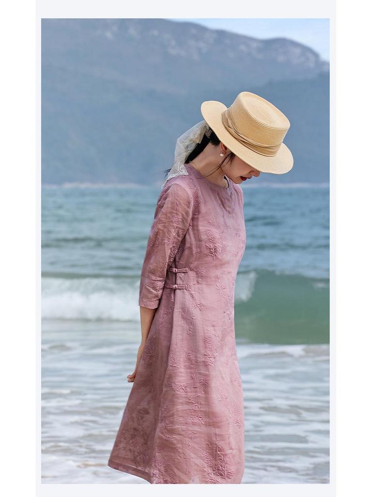 Women's Artistic Linen Embroidered Qipao Style Midi Dress - High-End V-Neck, Improved Frog Button, Retro A-Line