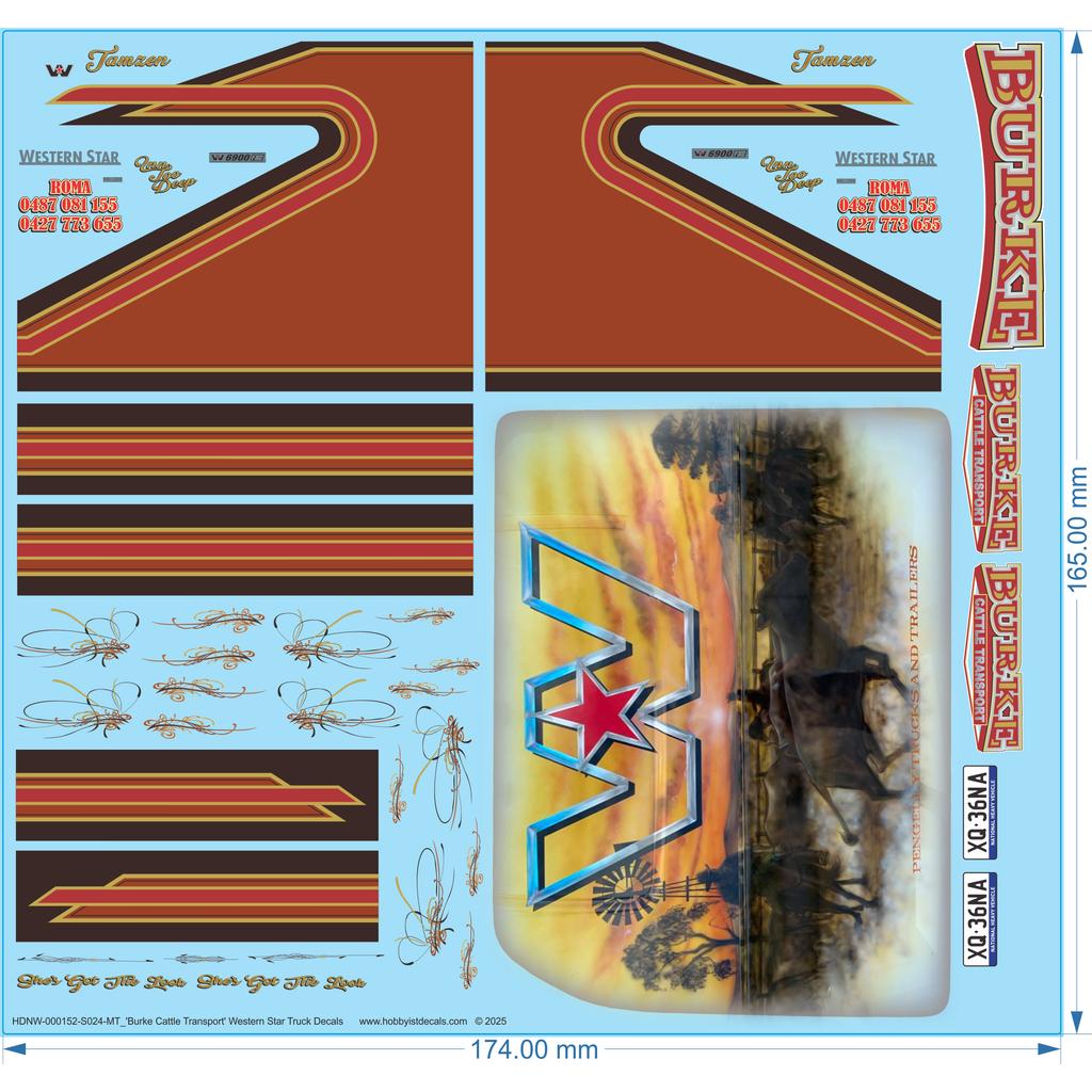 'Burke Cattle Transport' Western Star Truck Decals - 1/24 - Water Decal