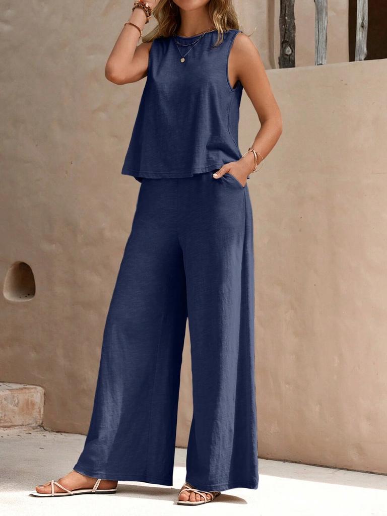 Women's Two-Piece Set Sleeveless Tank Top High Waist Wide Leg Pants Casual Outfit