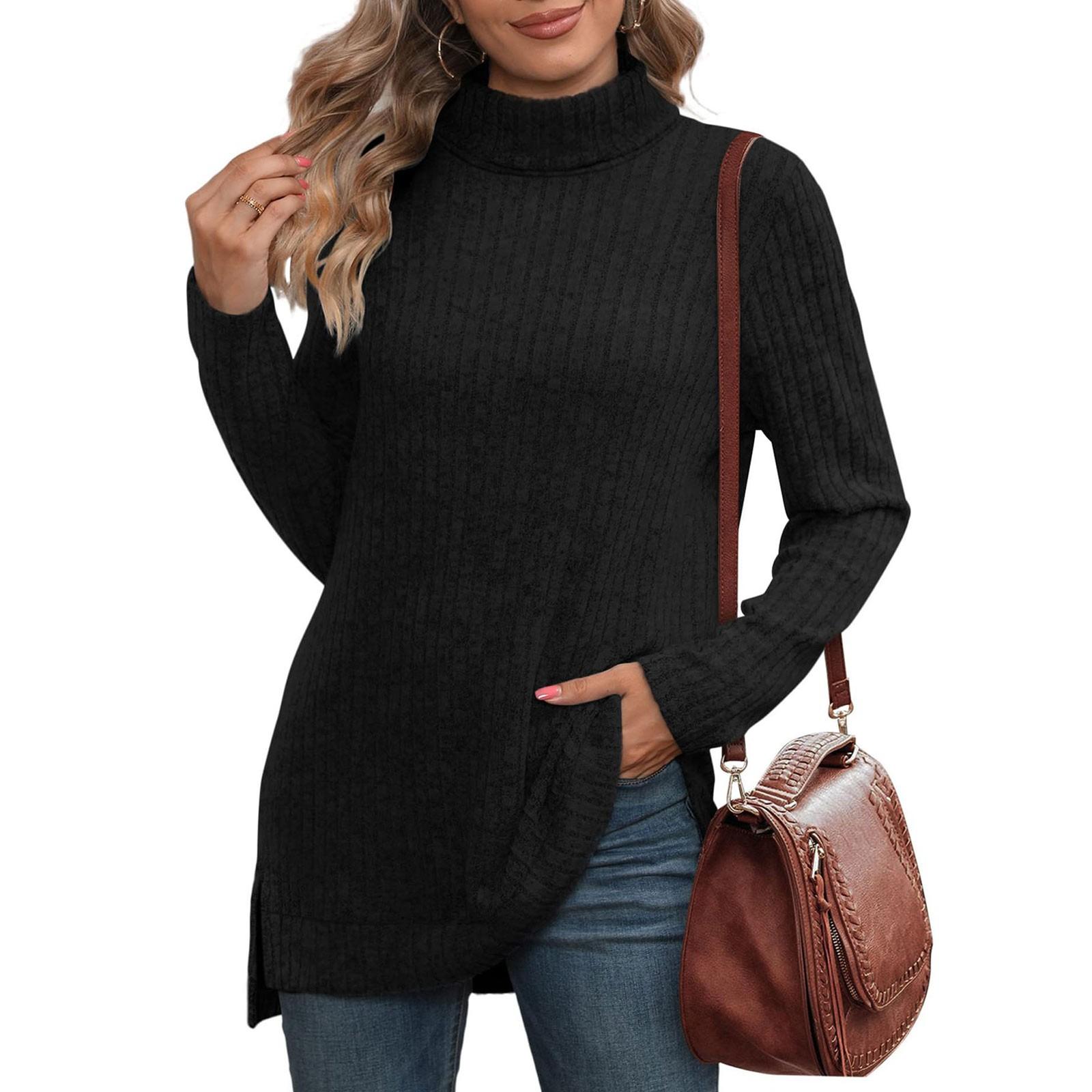 Женская модная повседневная вязаная футболка с высоким воротом и разрезом по бокам однотонный топ L чёрный 1898₽