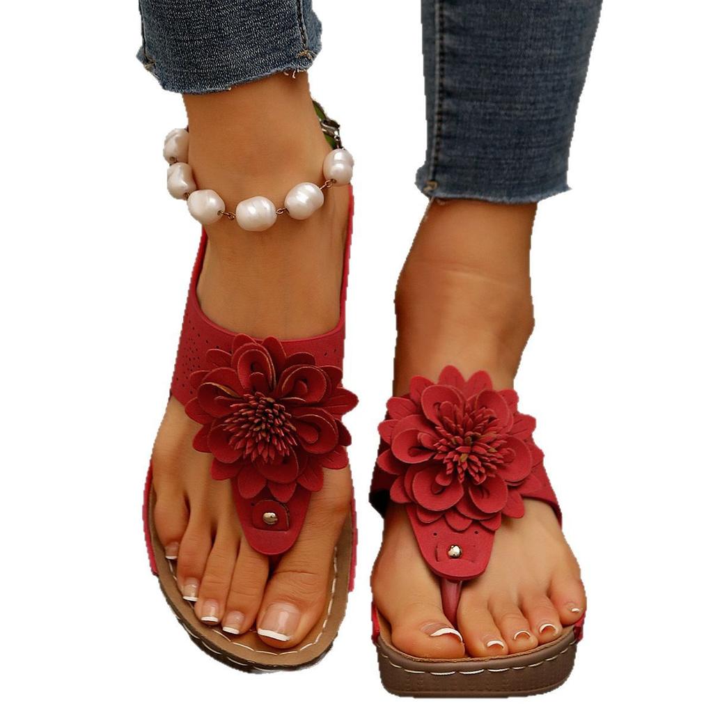 Large size flower wedge slippers women's new solid color retro herringbone slippers women