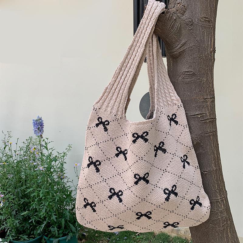 Women Knitting Shoulder Bag Large Capacity Crochet Grocery Bag Contrast Color Travel Shopping Handbag Ladies Daily Handbag