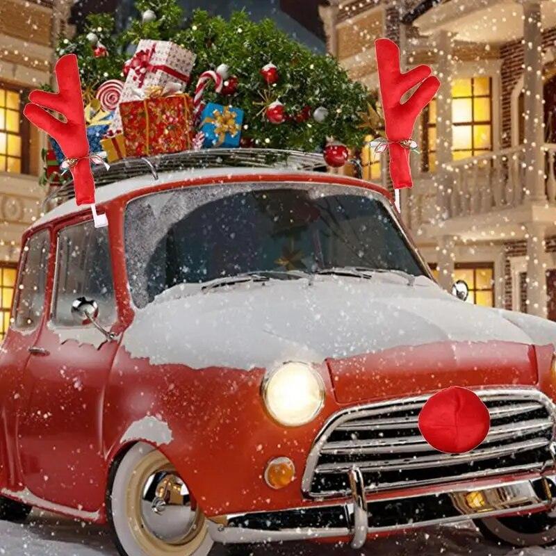 Reindeer Decoration Car Vehicle Nose Horn Costume Decor Set Rudolph Christmas Reindeer Antlers Red Nose Ornaments Elk Antler