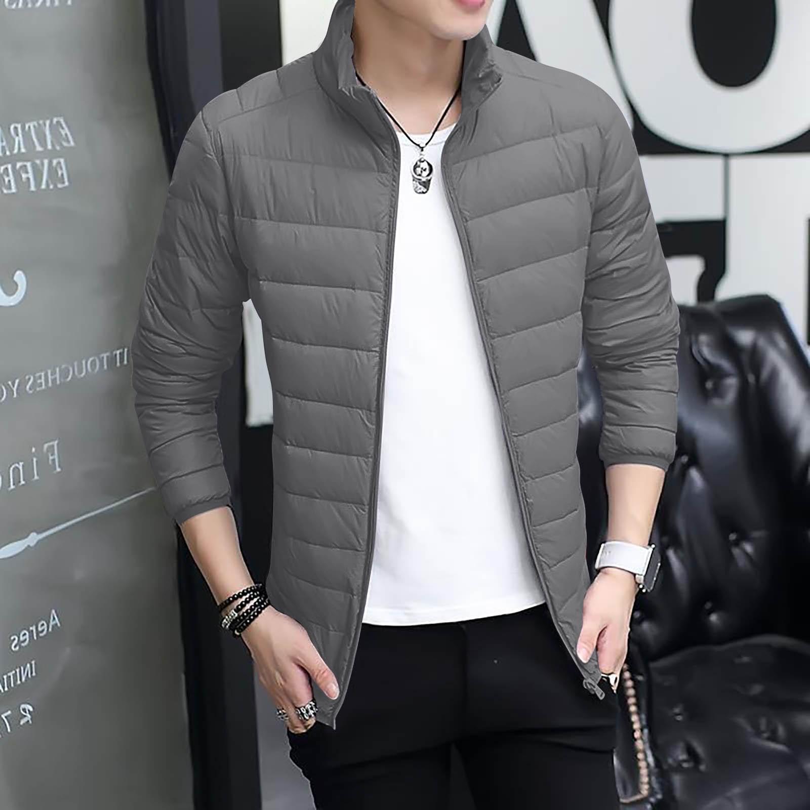 

Мужская повседневная ультралегкая однотонная теплая и удобная куртка с длинным рукавом и воротником-стойкой серый