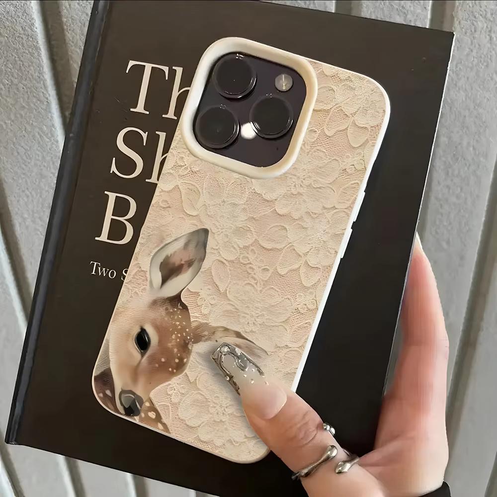 Lace Texture Deer Pattern Phone Case For iPhone 17 Pro Max 16 Plus 15 Pro 14 13 12 11 XR 17Air Lychee Textur Soft Cover