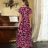 Women Plus Size V Neck Short Sleeve Printed Blue Straight Maxi Dress