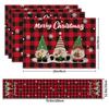 5Pcs Christmas Buffalo Plaid Placemats And Table Runner Set Cute Snowman Print Heat Resistant For Christmas Decoration