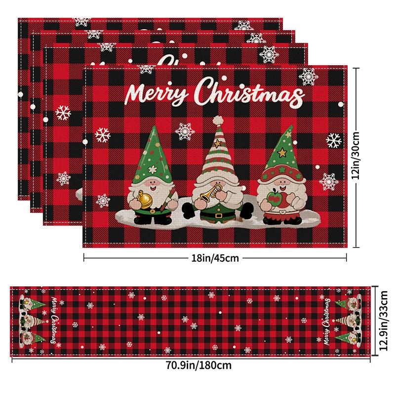 5Pcs Christmas Buffalo Plaid Placemats And Table Runner Set Cute Snowman Print Heat Resistant For Christmas Decoration
