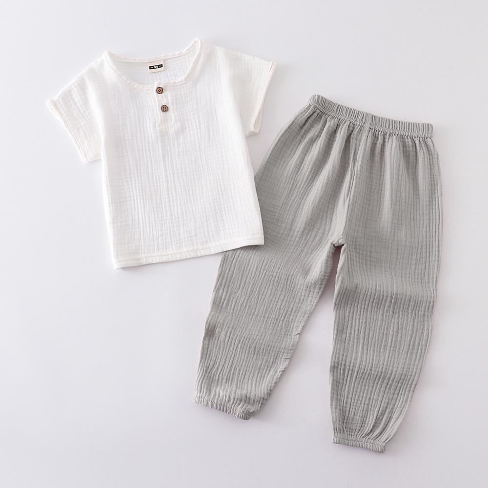 Kids' Summer Cotton Linen Two-Piece Set - Short Sleeve Top & Joggers