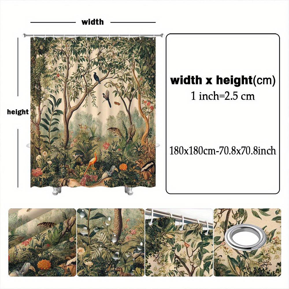 1pc Botanical Jungle Shower Curtain - Tropical Forest Design, Exotic Birds & Animals, Lush Greenery,Red Orange Flowers,Polyester