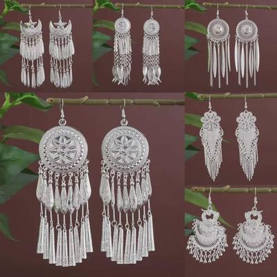 "Long Tassel Miao Silver Earrings - Ethnic Style Fairy Design"