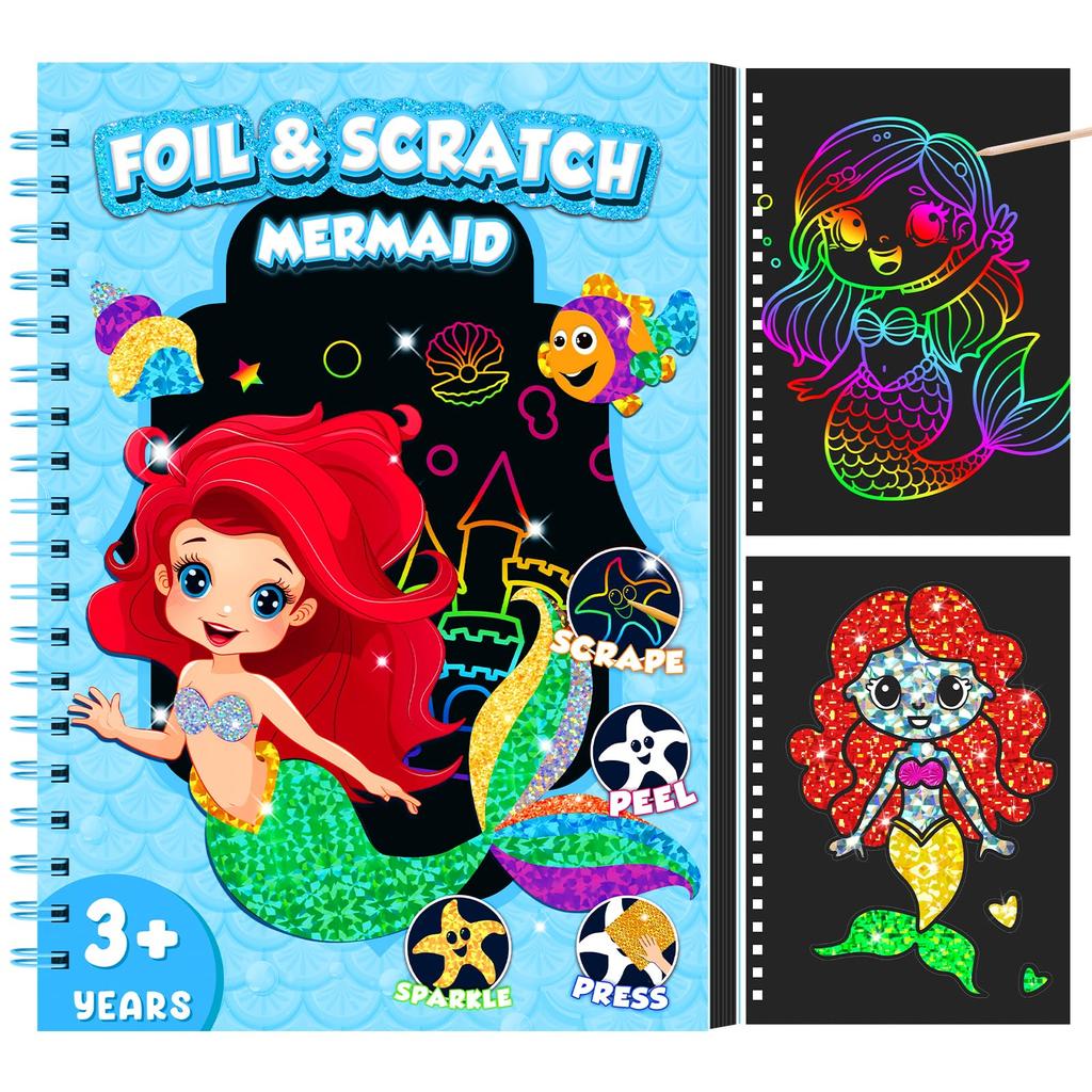 Mermaid Foil Fun Sticker Book and Scratch Art Paper for Kids, DIY Art & Craft Activity Kit for Girls, No Mess Travel Toys