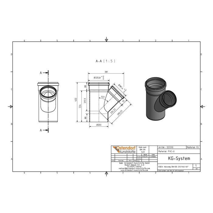 Embranchement KG DN 200/160, 45 Degrés, Tuyau d'Assainissement