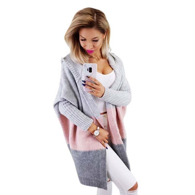 

Длинный женский кардиган с капюшоном, вязаный свитер-пальто, зимний, мешковатый, большого размера Gray & Pink,XL