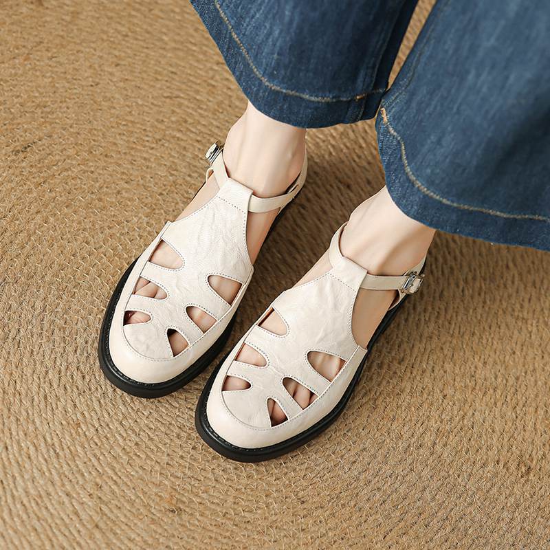 Krazing Pot Fårskinn Rund Tå Storlek 42 Hög Kvalitet Tjock Mellanhög Klack Spänne Ihålig Stil Vacker Höst Större Storlek Pumps