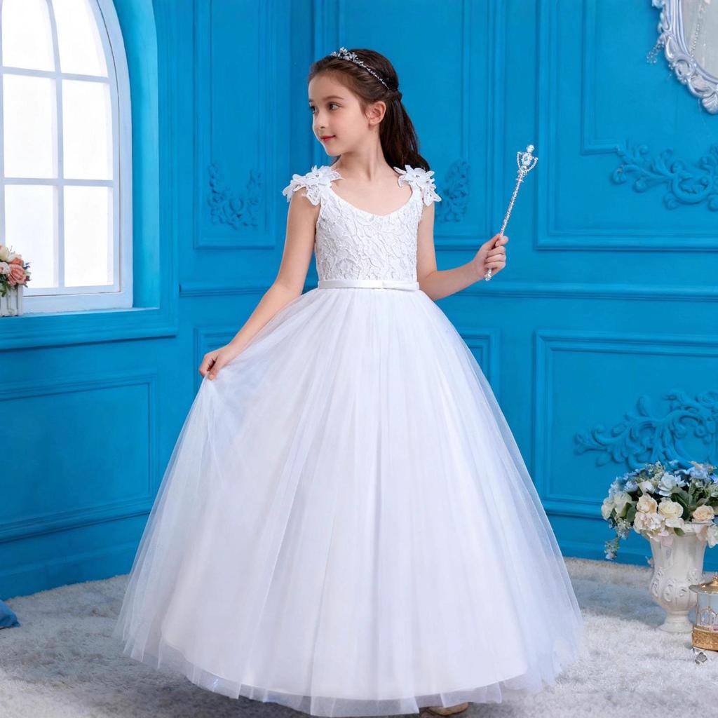 Girls' Lace Spaghetti Strap Flower Girl Dress - Puffy Formal Princess Gown for Wedding or Fashion Show Performance