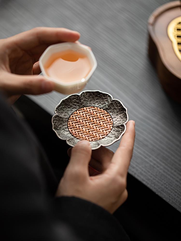 GuYinTang Alloy Vine Rattan Tea Cup Mat Heat Resistant Pad Retro Tea Tray Anti-Scalding High-End Sensation Tea Ceremony Acces...