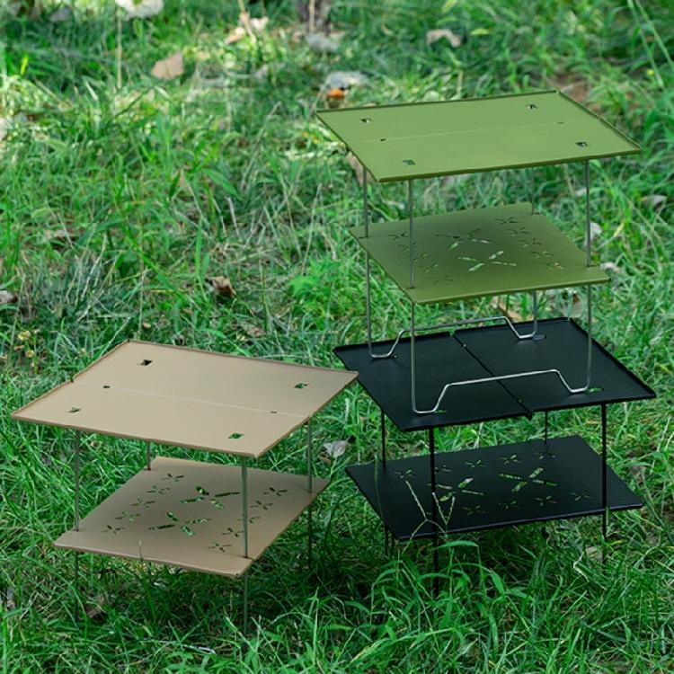 Double Layer Camping Table Metal Alloy Picnics Table Grid & Metal Plate Camping Table Outdoor Camp Storage Rack