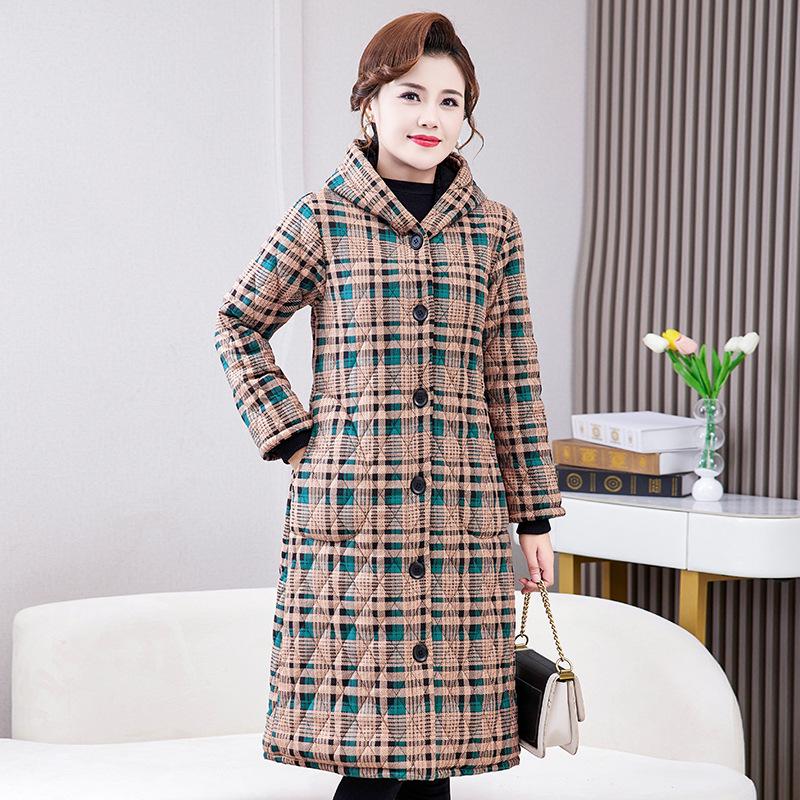 Women's Mid-length Plaid Cotton Coat - Velvet-lined, Thickened for Autumn/Winter
