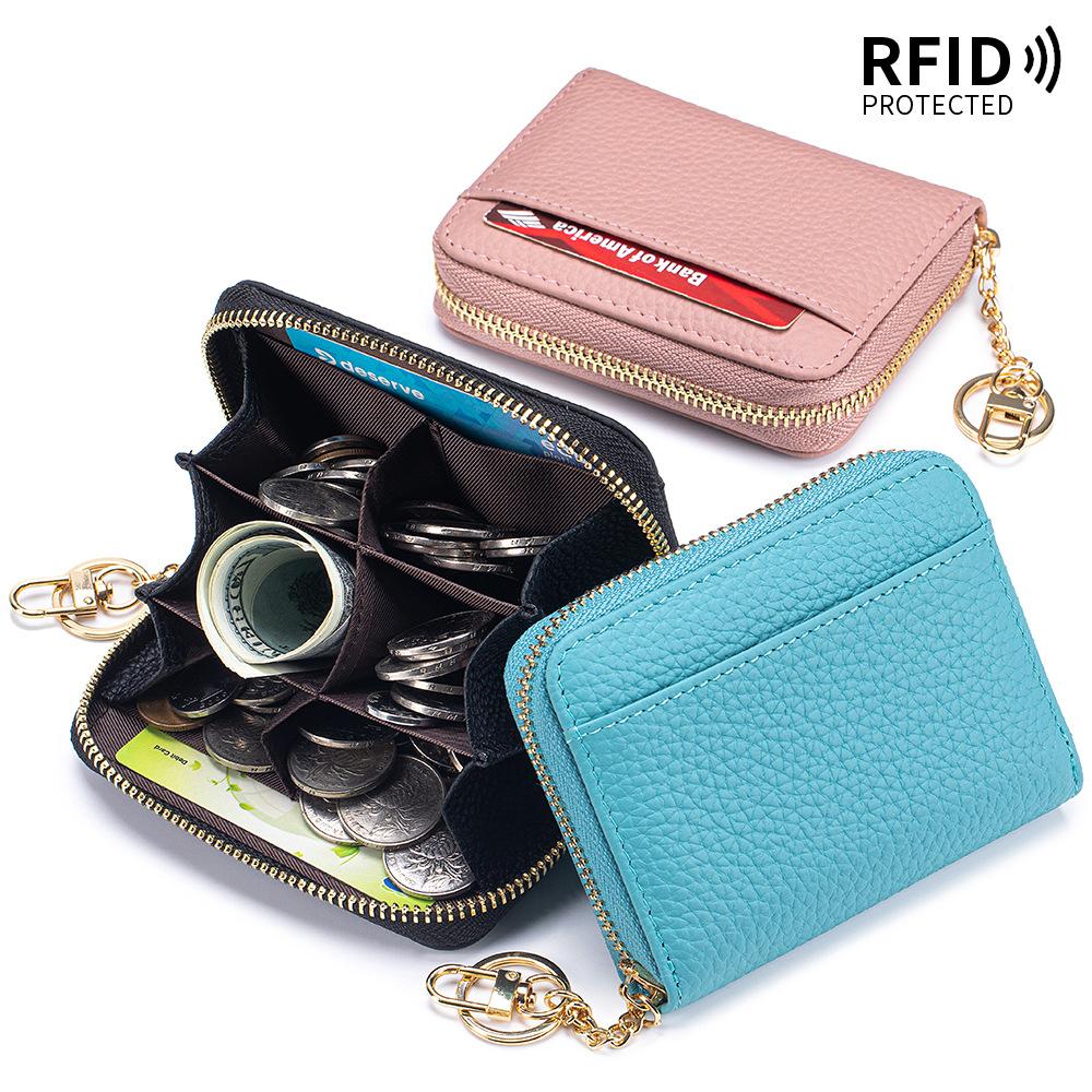 New first-layer cowhide short partition layer coin change bag genuine leather RFID Japanese multi-functional mini wallet women