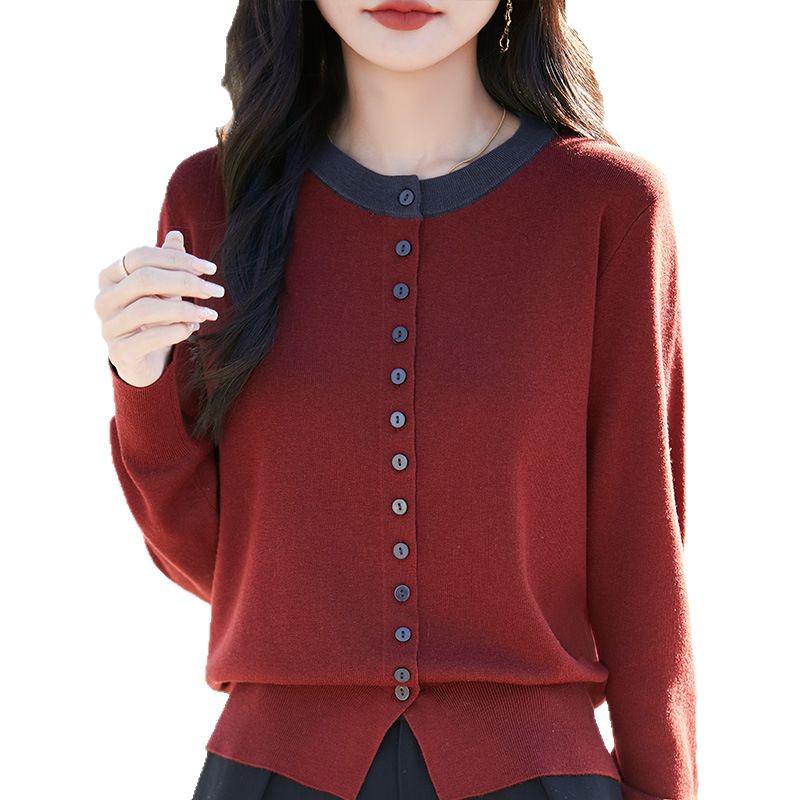 Round Neck Color Block Knit Cardigan - Women's Short Sweater for Spring & Autumn