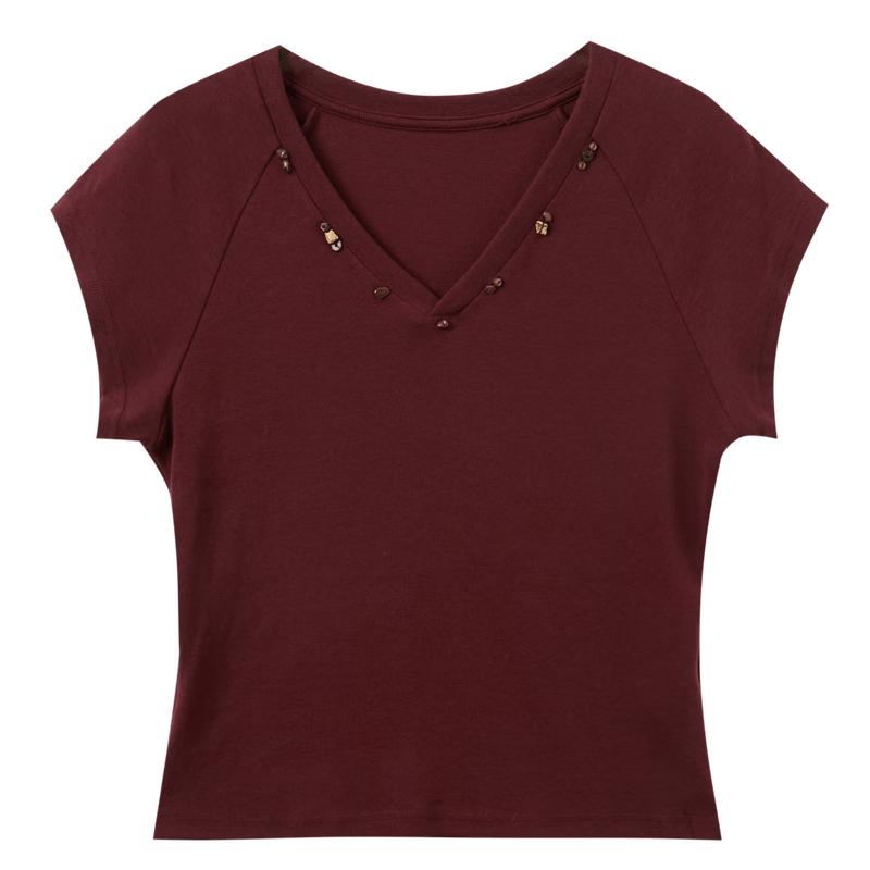 Sancai 2026 New Chinese Style Lyocell V-Neck Slim Fit Short Sleeve T-Shirt M