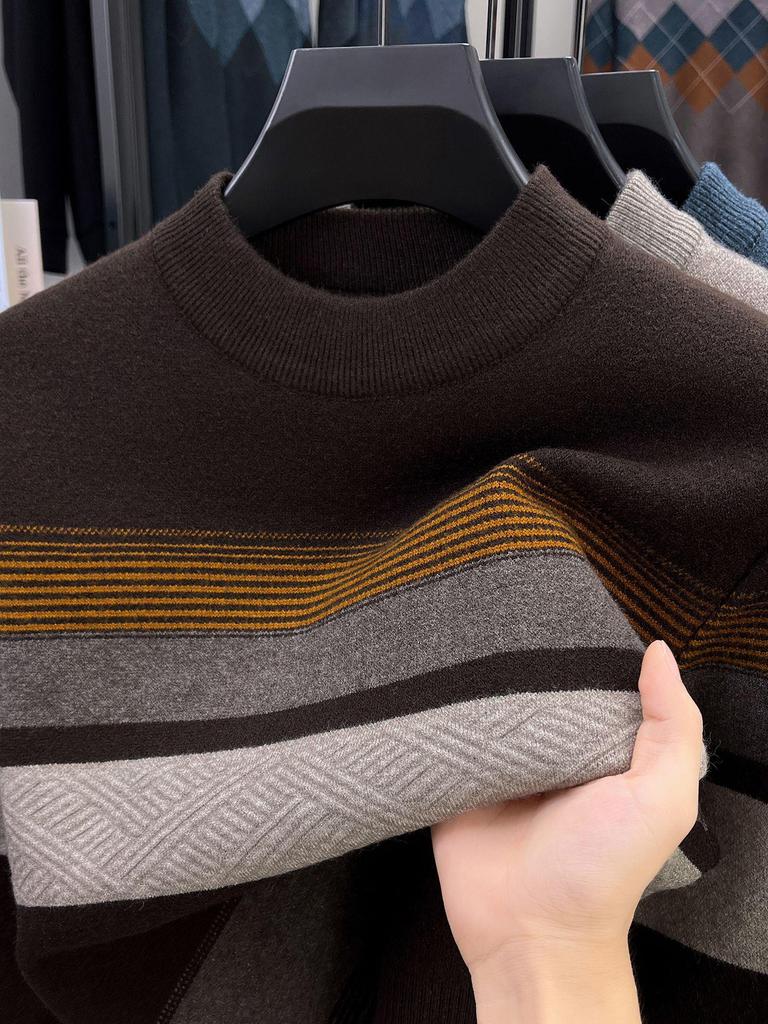 Men's Autumn/Winter 2025 Striped Knit Sweater - Middle-aged, Round Neck, Loose Fit, Elastic, Dad's Wardrobe Essential
