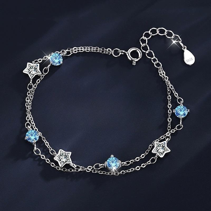 925 Silver Blue White Crystal Bracelets For Women Luxury Sparkling Double Layer Star Bracelets Elegant Jewelry