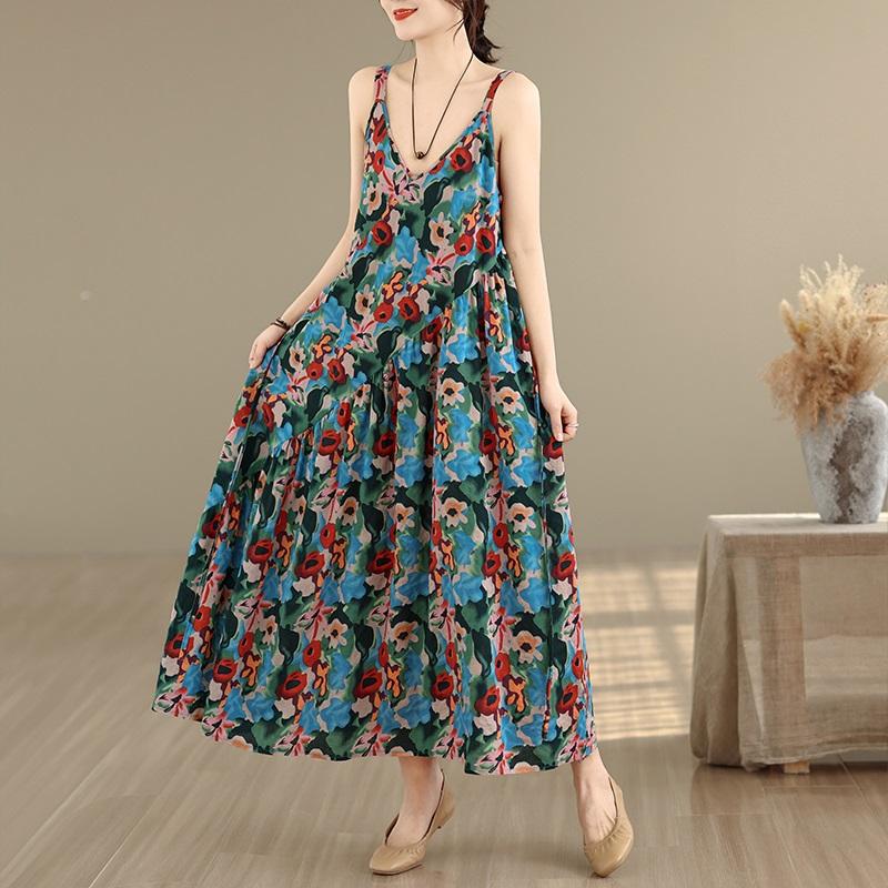 Sleeveless Strap Cotton Vintage Floral New in Dresses For Women Casual Loose Long Summer Dress Elegant Clothing