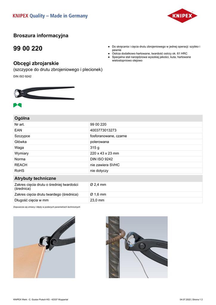Obcinaczki do drutu zbrojeniowego i splotów 220 mm - Kn 99 00 220