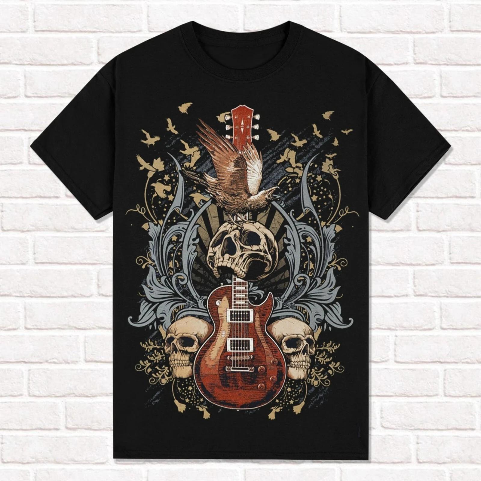 

Black T-Shirt Guitar with Skulls and Ravens Metalheads Style Rock Fashion Tees Tops Unisex Cotton Short Sleeve High Street XXXXXL чорний