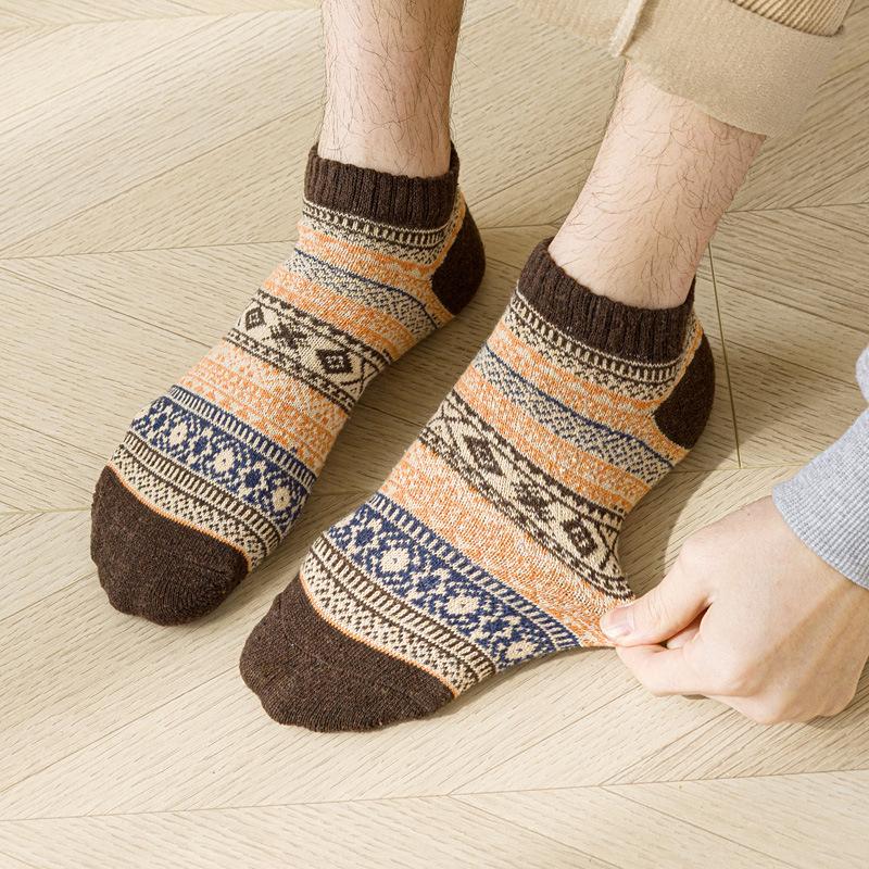 5/10 Pairs Retro Ethnic Style Men's Socks Autumn Winter Thickened Warm Short Length Men's Wool Socks Low Top Boat Socks Comfortable