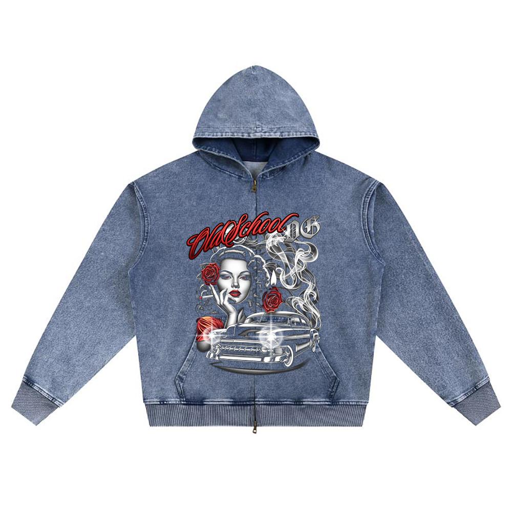 DTG print Knitted Denim Zip-Up Hoodie Old School Brother Print Zipper Hoodies  
