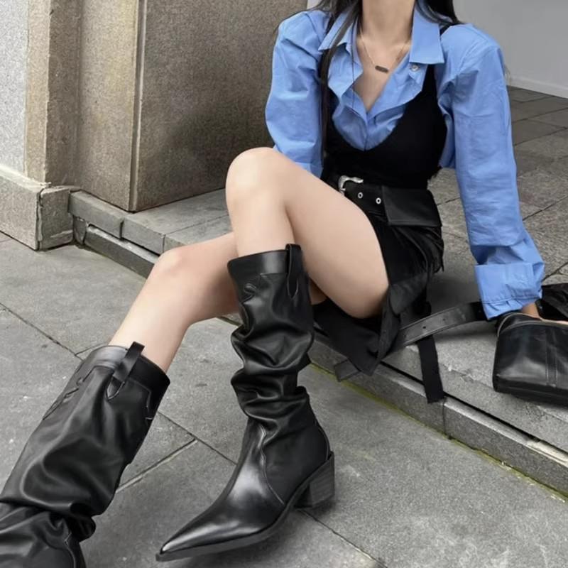 Cowboy Western Boots Women's Pleated Pile Boots Autumn Retro Niche Thick Heel Pointed Boots Tall Boots