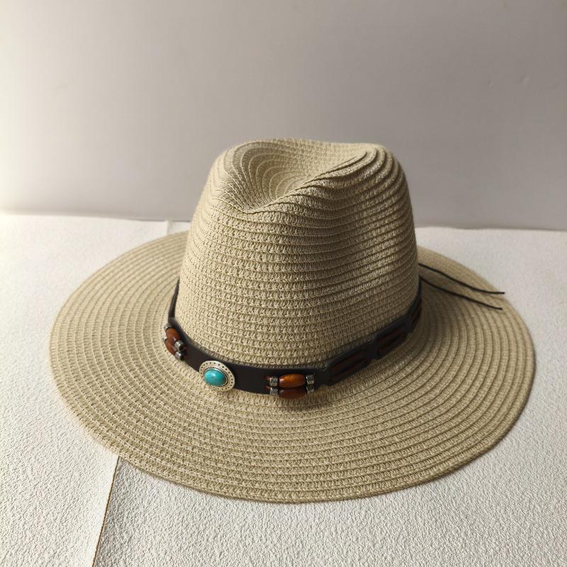 

Vintage Summer Beach Bohemian Straw Hat Shell Women Men Western Cowboy Hats Wooden Beads Hollow Out Sun Hat Holiday Cap