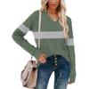 Women's Fashionable Oversized V-Neck T-Shirt With Striped Patchwork Print Long-Sleeved Pullover Top