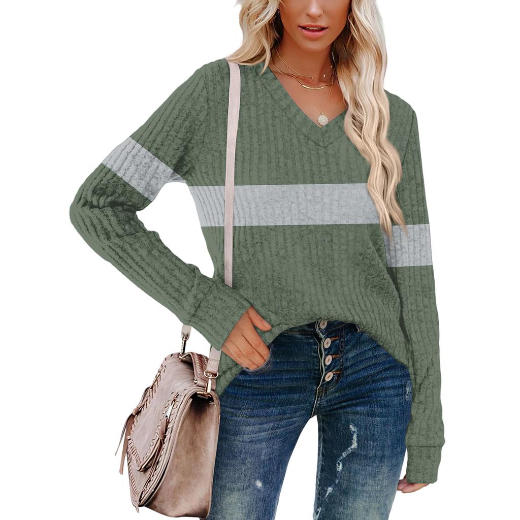 Women's Fashionable Oversized V-Neck T-Shirt With Striped Patchwork Print Long-Sleeved Pullover Top