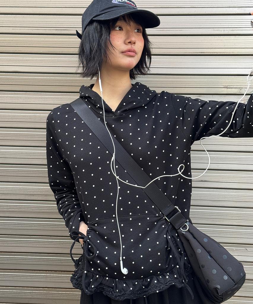 Frill Ribbon Hoodie Black Dot
