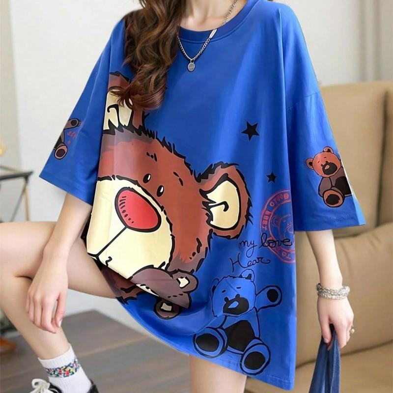 Soft Plush Bear Print Casual Loose Fit Short Sleeve Round Neck T-Shirt Women Men Youth