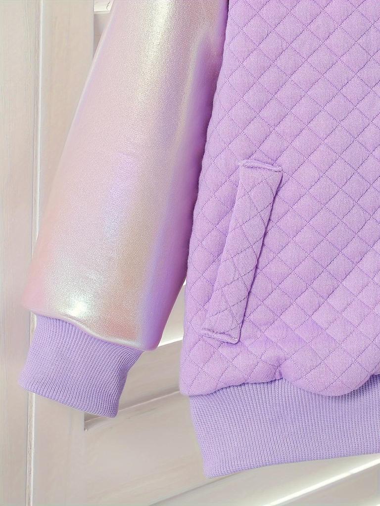 Girls' purple smiley face quilted baseball jacket, diamond stitching zip-up style, iridescent long sleeves with decorative fake pockets