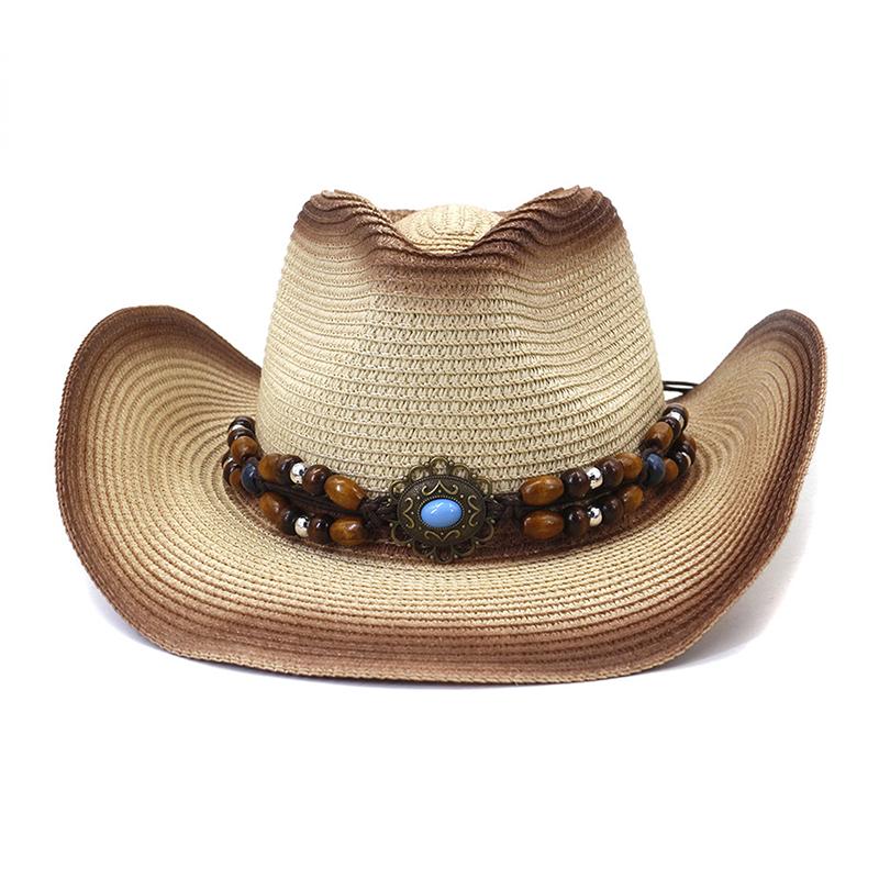 Decorative Beaded Straw Cowboy Hats Women Men Summer UV Protection Beach Holiday Sun Caps Outdoor Wide Brim Cowgirl Hats