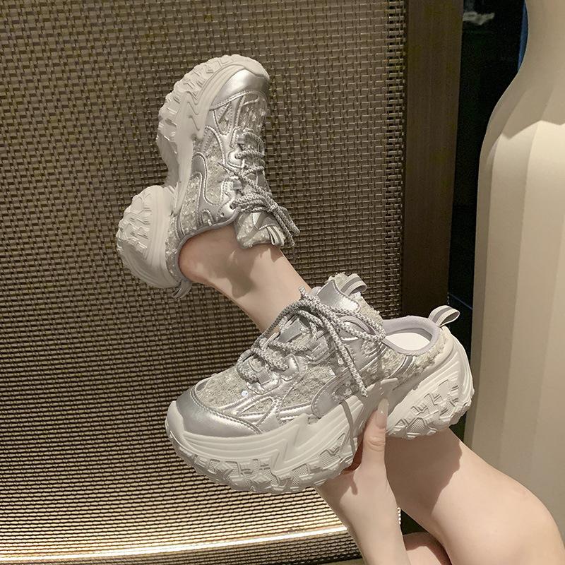 Tire Sole Bag Head Half Slippers European Station Dad Shoes Women Without Rear Tide Thick Sole 2025 Heel Sports and Leisure Shoes New