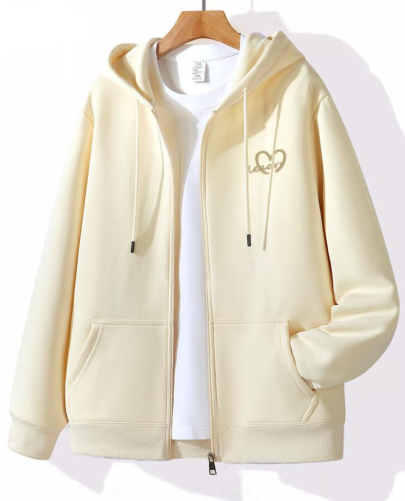 Long Loose Plus Sizes [OKJCON] Women's Fall/Winter Fleece-Lined Hoodie, Sleeve, Zip-Up, Stylish, Fit, Casual, (JP, Alphabet, XL, Beige)