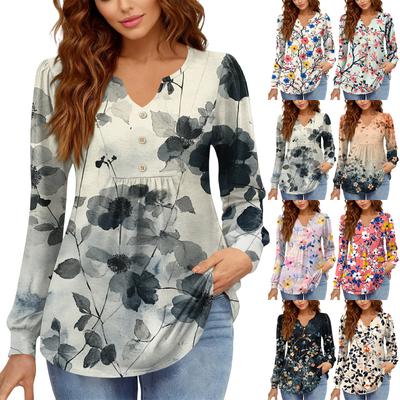 Camiseta Feminina Relaxada, Gola V, Cor Vintage, Bloqueada com Estampa Floral, Manga Longa, Pulôver