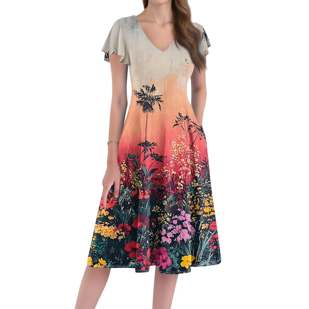 Vestido Casual Holgado y de Moda para Mujer, con Cuello en V, Mangas Cortas, Estampado, de Longitud Media