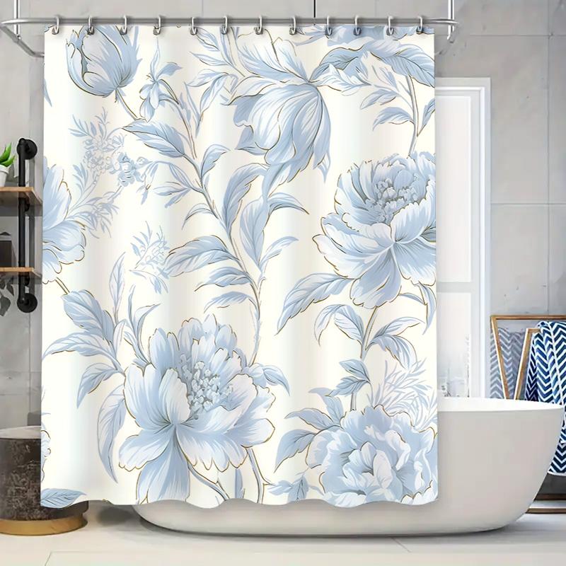 

Elegant Blue Floral Bath Curtain With Gold Outline Hooks Decorates Bathroom Space With Nature Sophistication Easy-Clean W60H190(CM)-1 Pcs